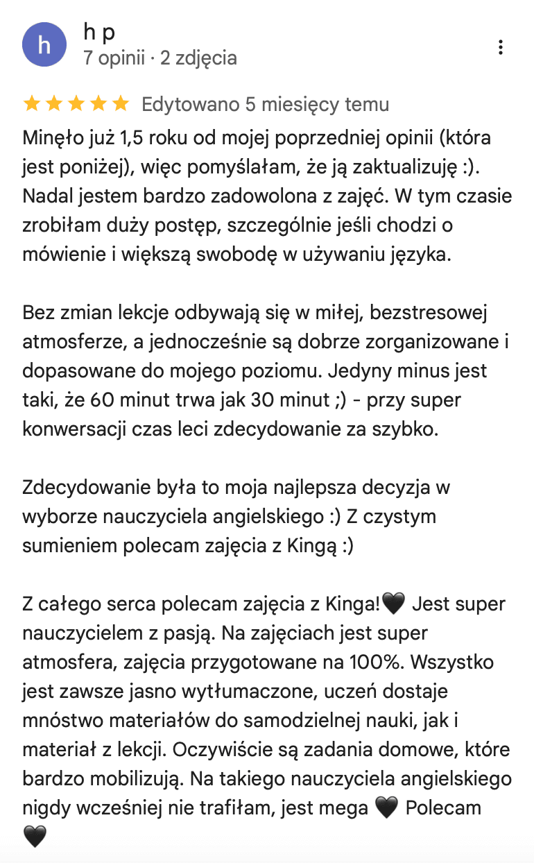Opinia od Hani o lekcjach angielskiego online z English with Kinga