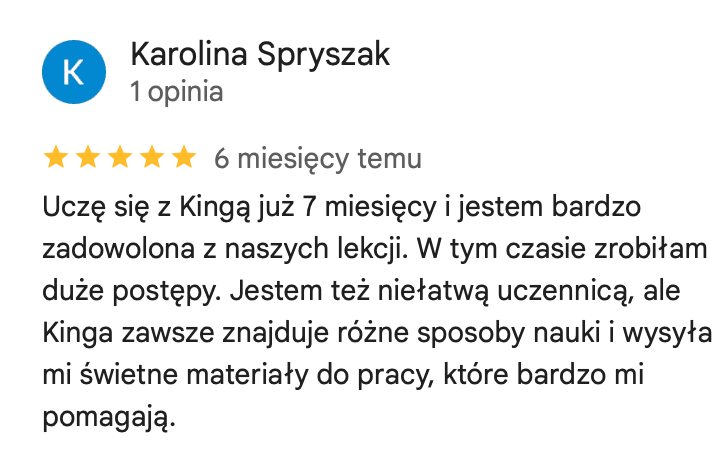 Opinia od Karoliny o lekcjach angielskiego online z English with Kinga