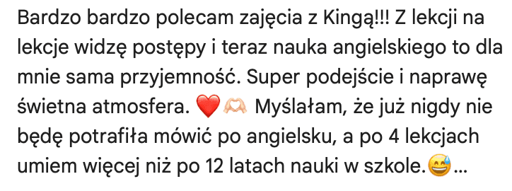 Druga opinia od Karoliny o lekcjach angielskiego online, siedem miesięcy później