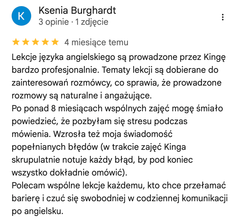 Opinia od Kseni o lekcjach angielskiego online z English with Kinga