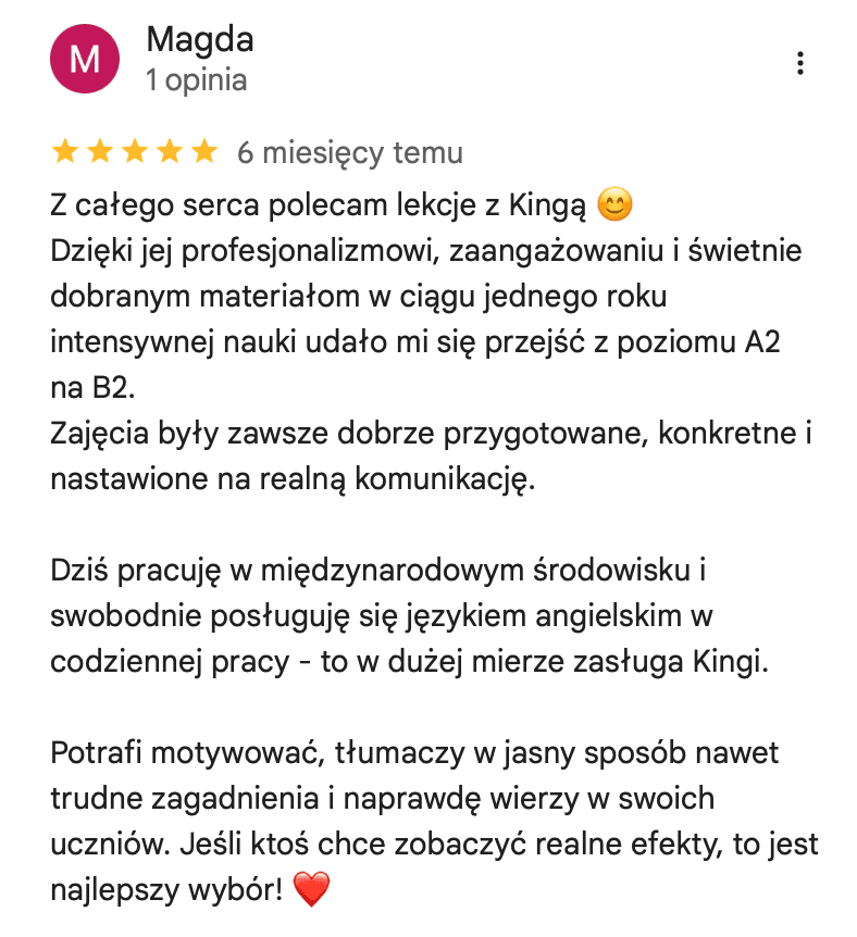 Opinia od Magdy o lekcjach angielskiego online z English with Kinga