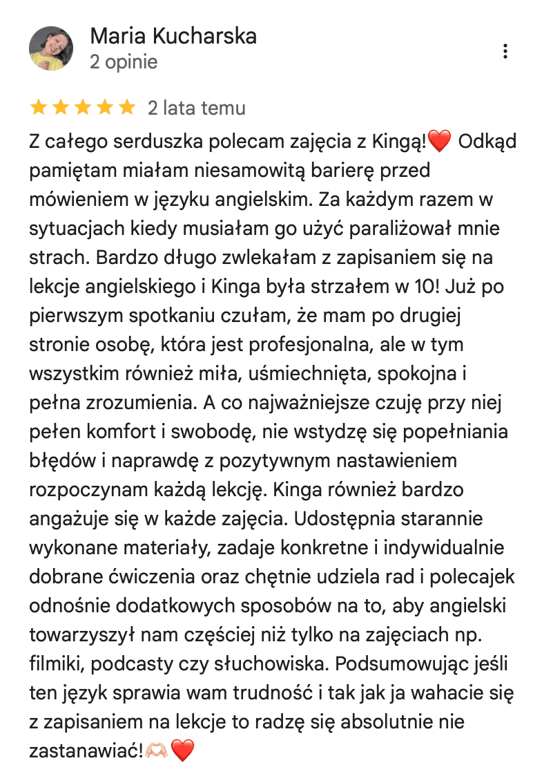 Opinia od Marii o lekcjach angielskiego online z English with Kinga