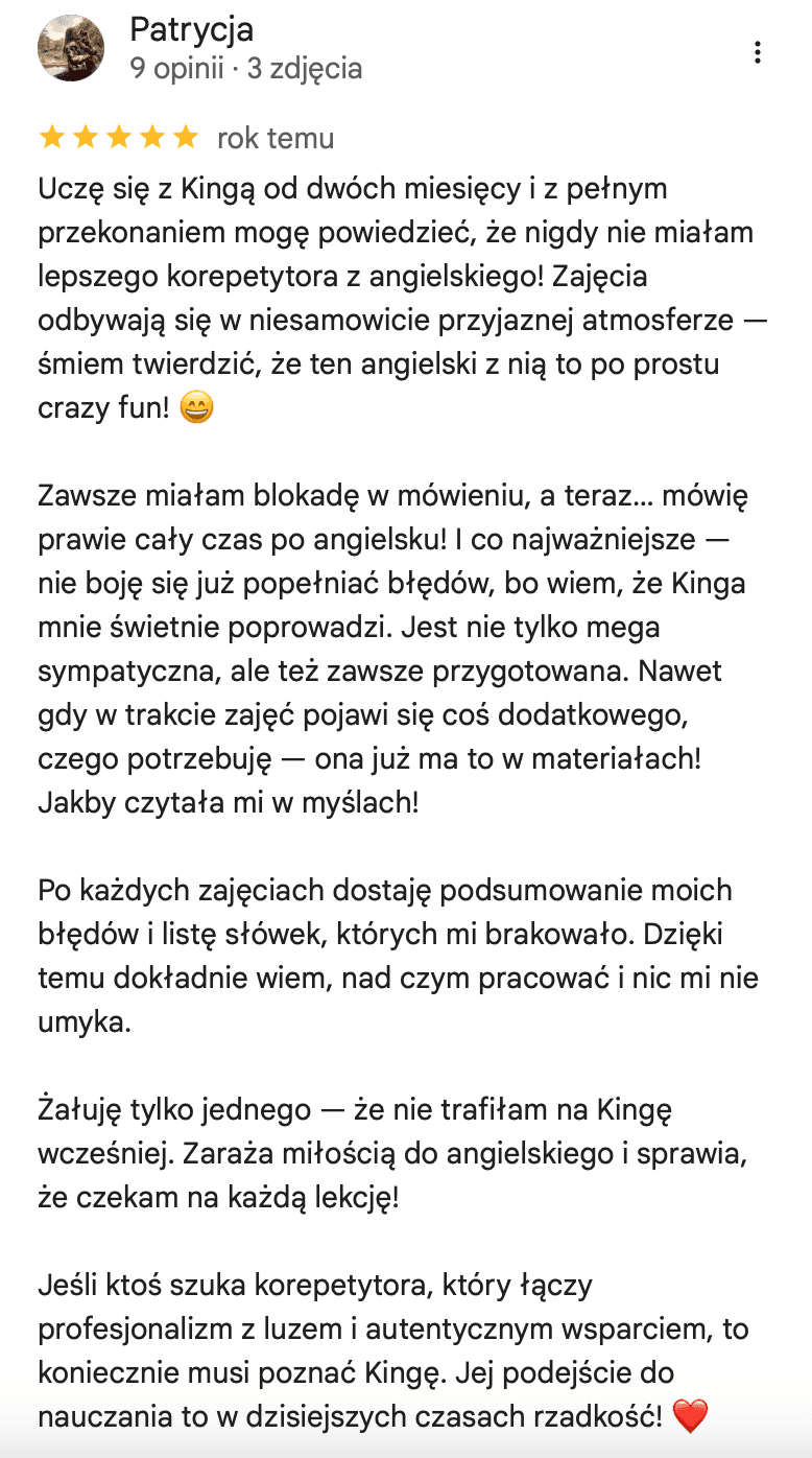 Opinia od Patrycji o lekcjach angielskiego online z English with Kinga